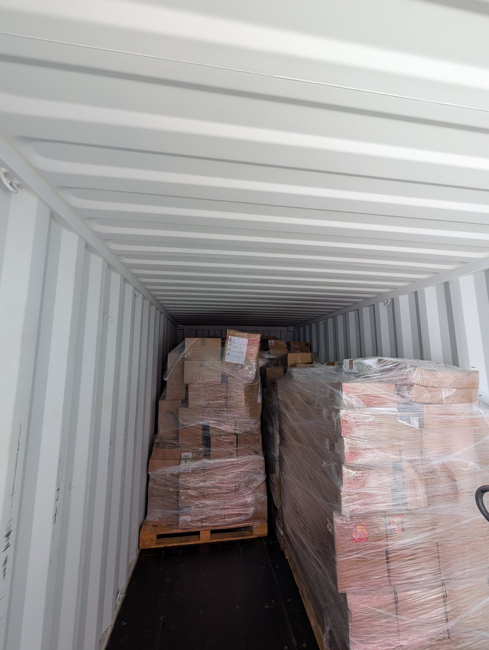 Palletized products arranged inside a shipping container