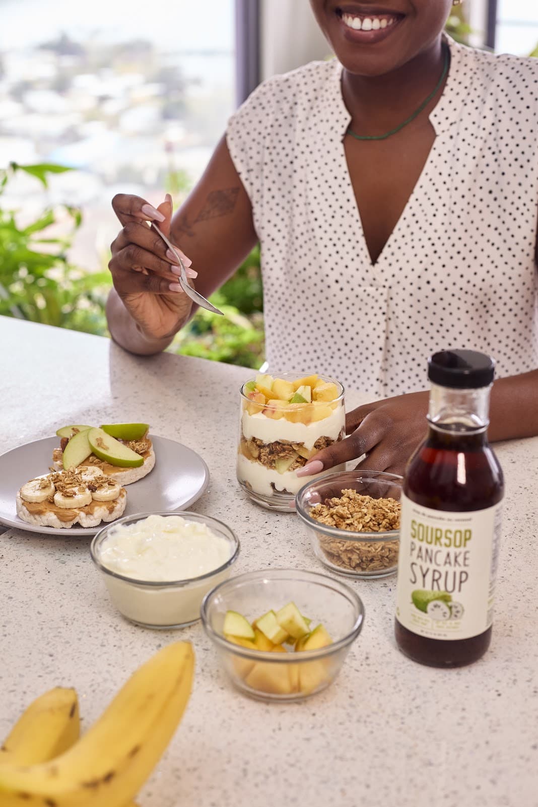 Breakfast setting with branded soursop pancake syrup for sourcing conversations
